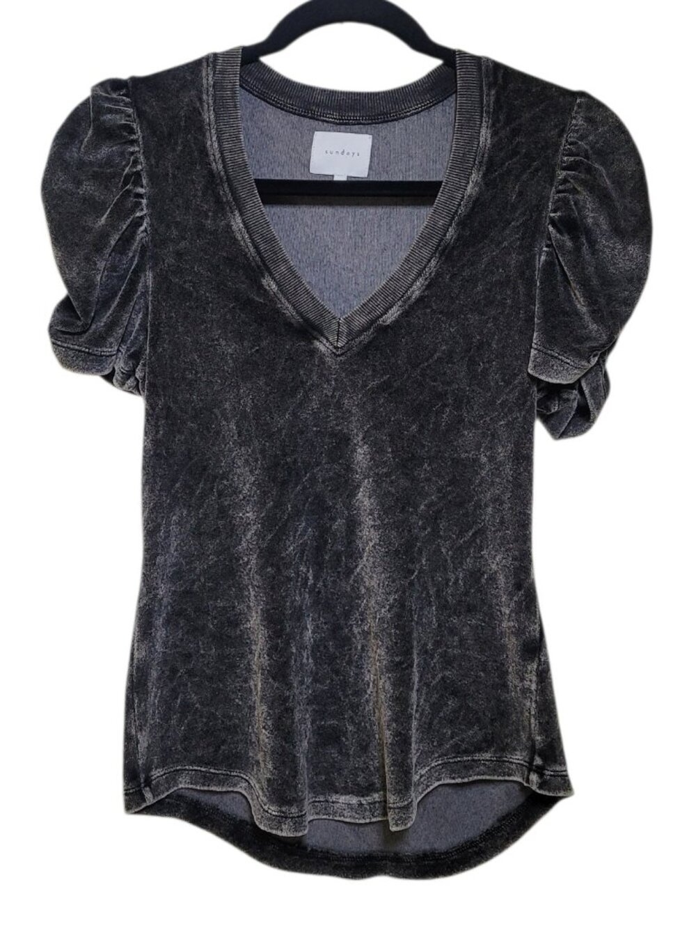 Sundays Bella Puff Sleeve Tee Mineral Wash Black V Neck Top Small Whimsigoth
